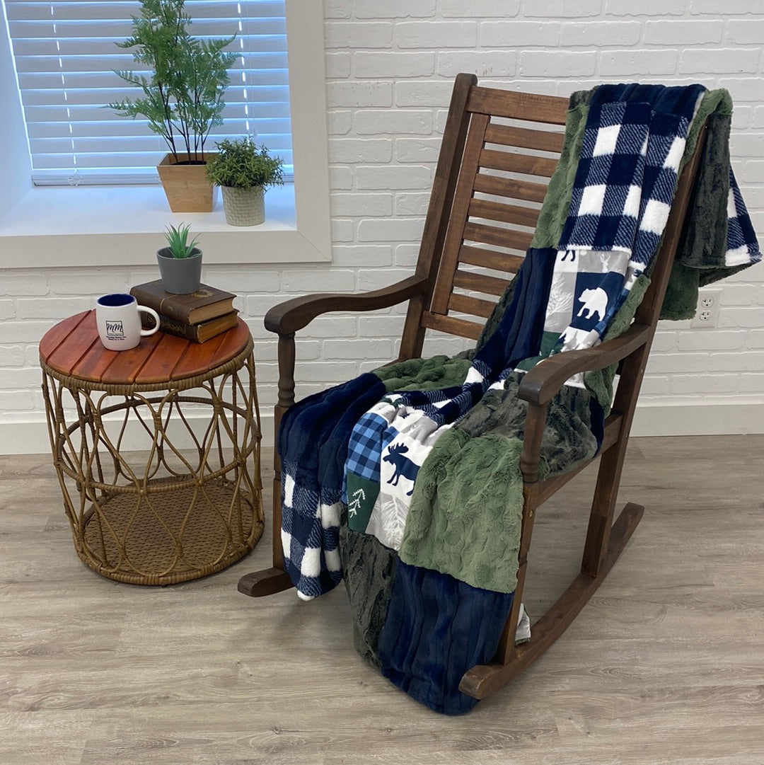 Navy Cabin Quilt Minky Mama With Mushroom Bella on the Back