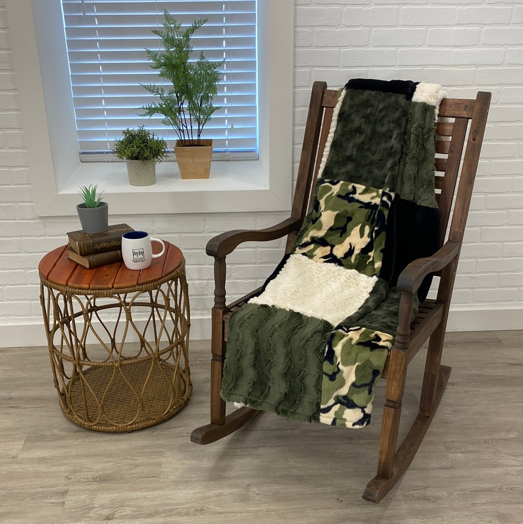 Green, Black and Cream Throw With Green Camouflage on the Back