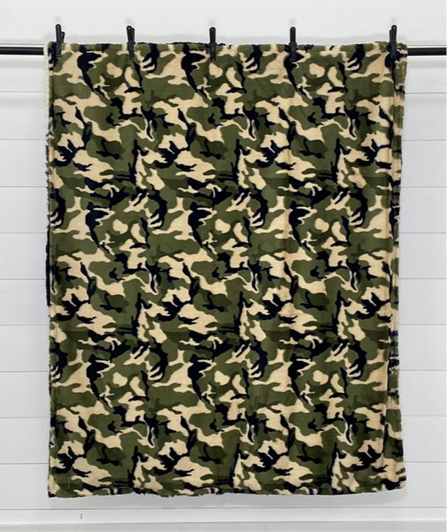 Green, Black and Cream Throw With Green Camouflage on the Back