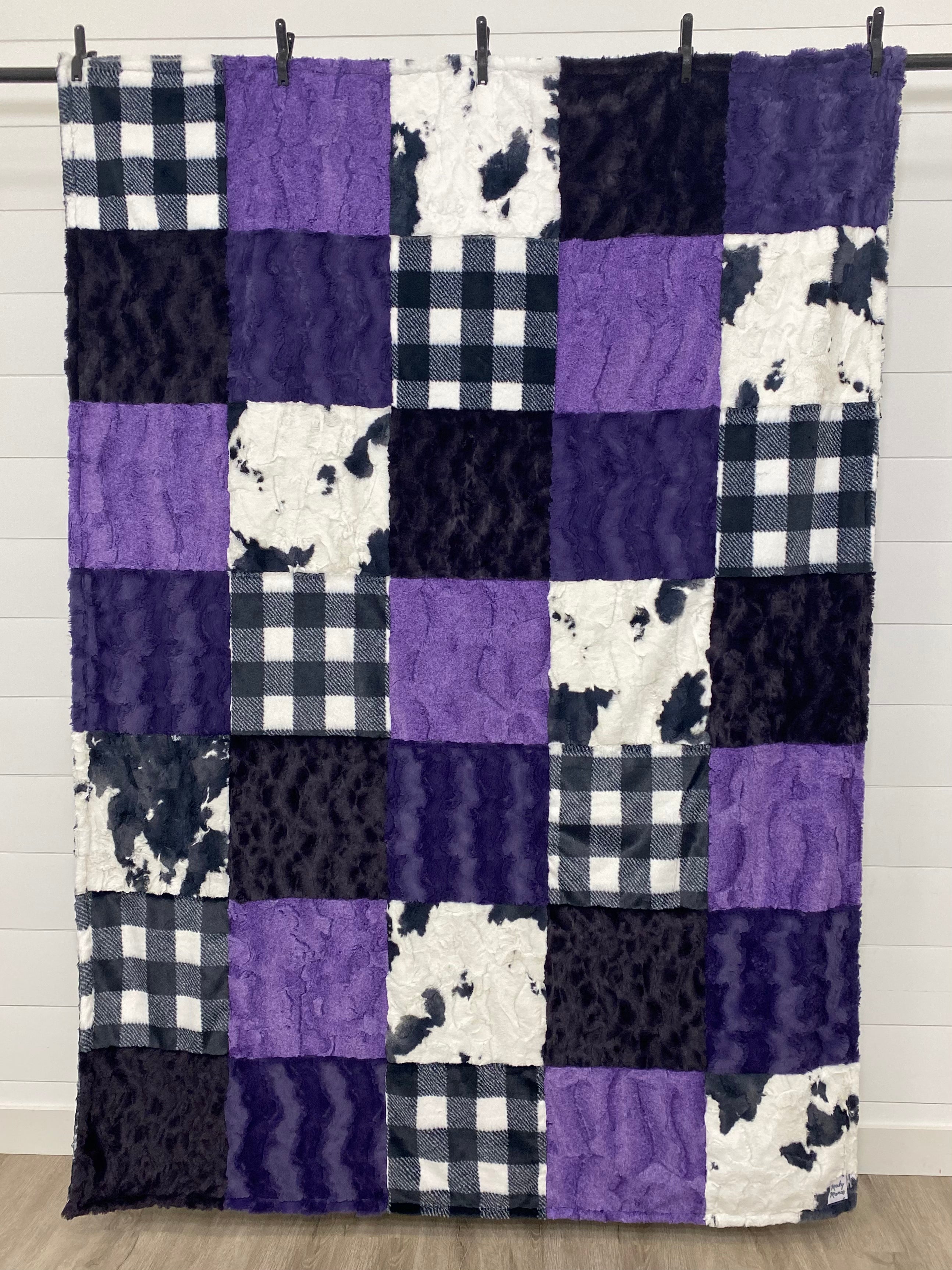 Navy, Purple and White Minky Mama With Navy Buffalo Check on the Back