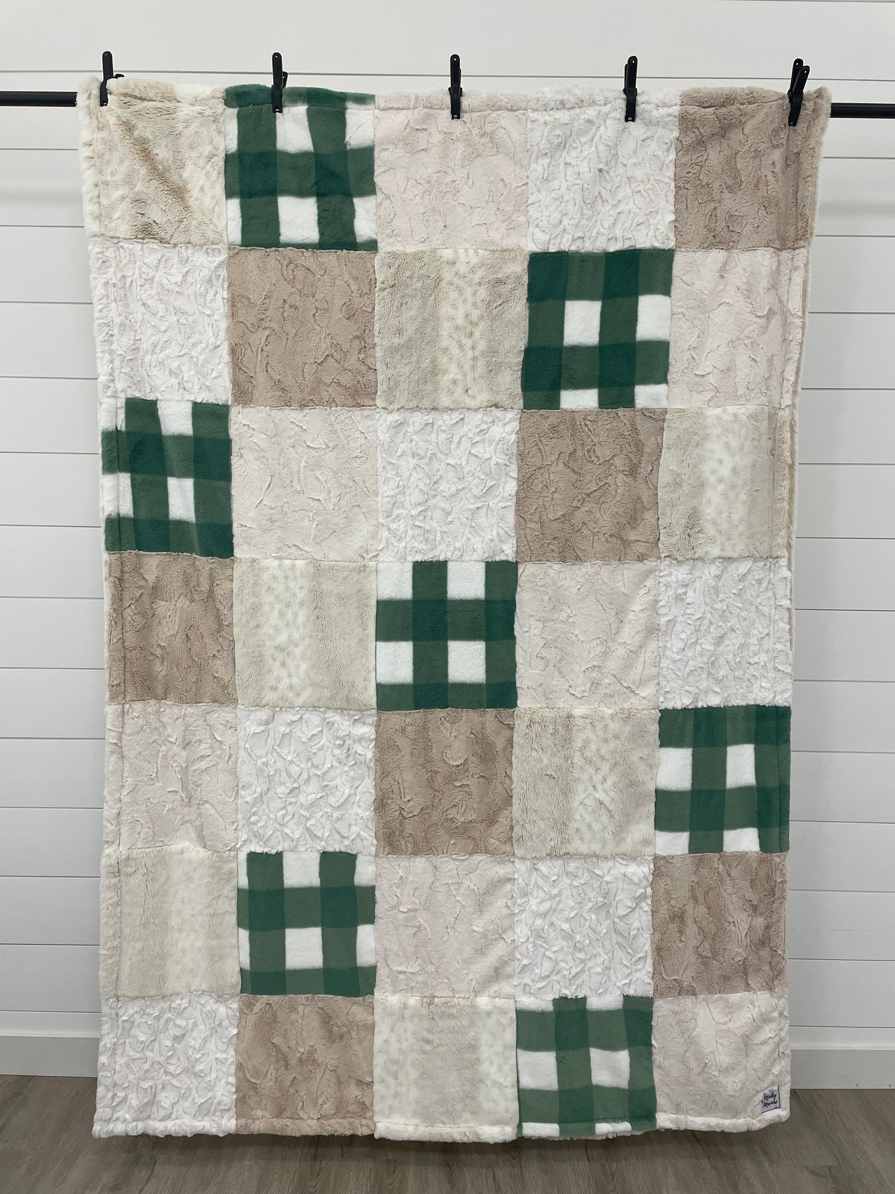 Natural and Green Plaid Minky Mama With Oat Alaskan Bunny on the Back