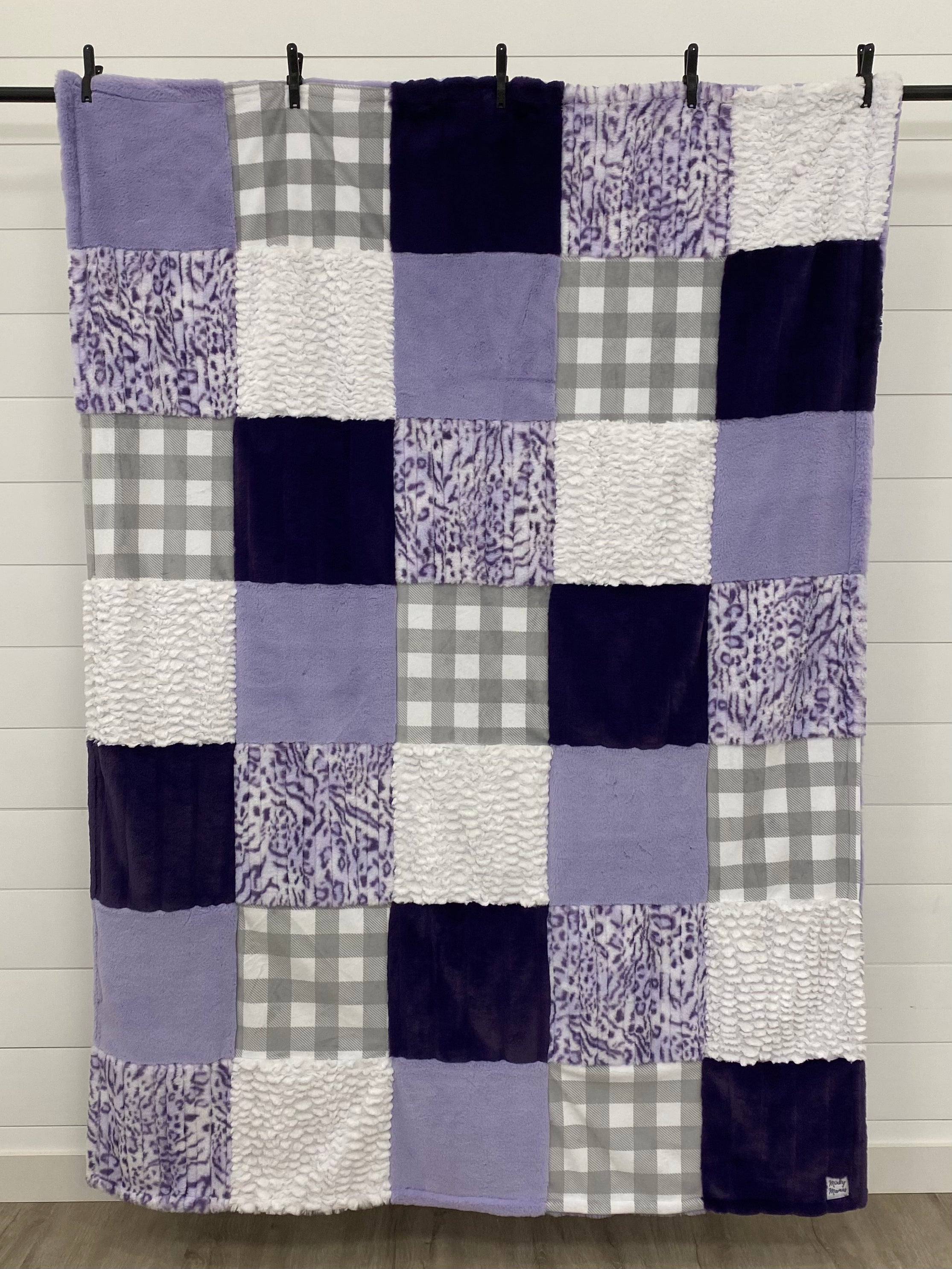 Purple and White Minky Mama With Lavender Seal on the Back