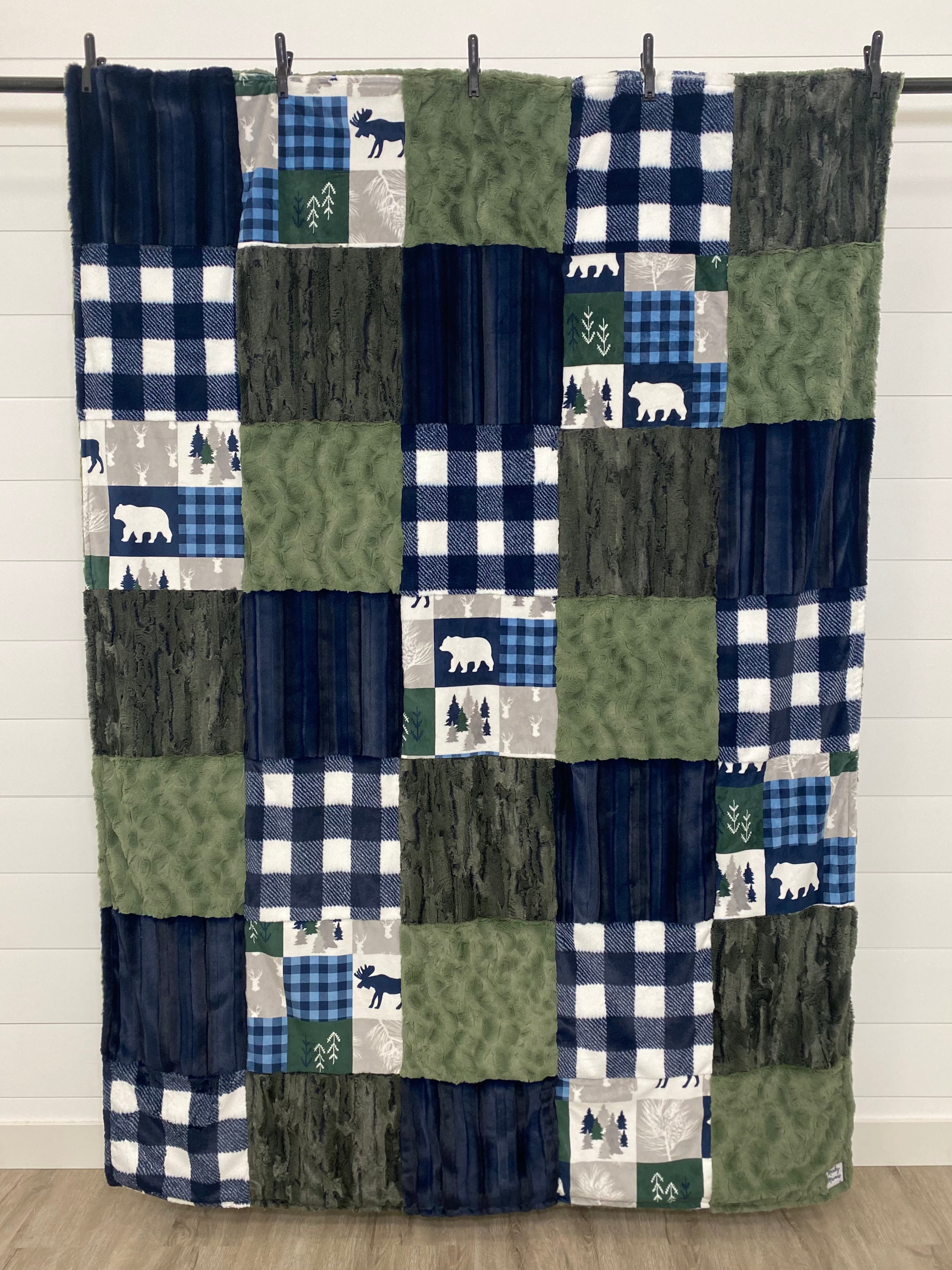 Navy Cabin Quilt Minky Mama With Mushroom Bella on the Back