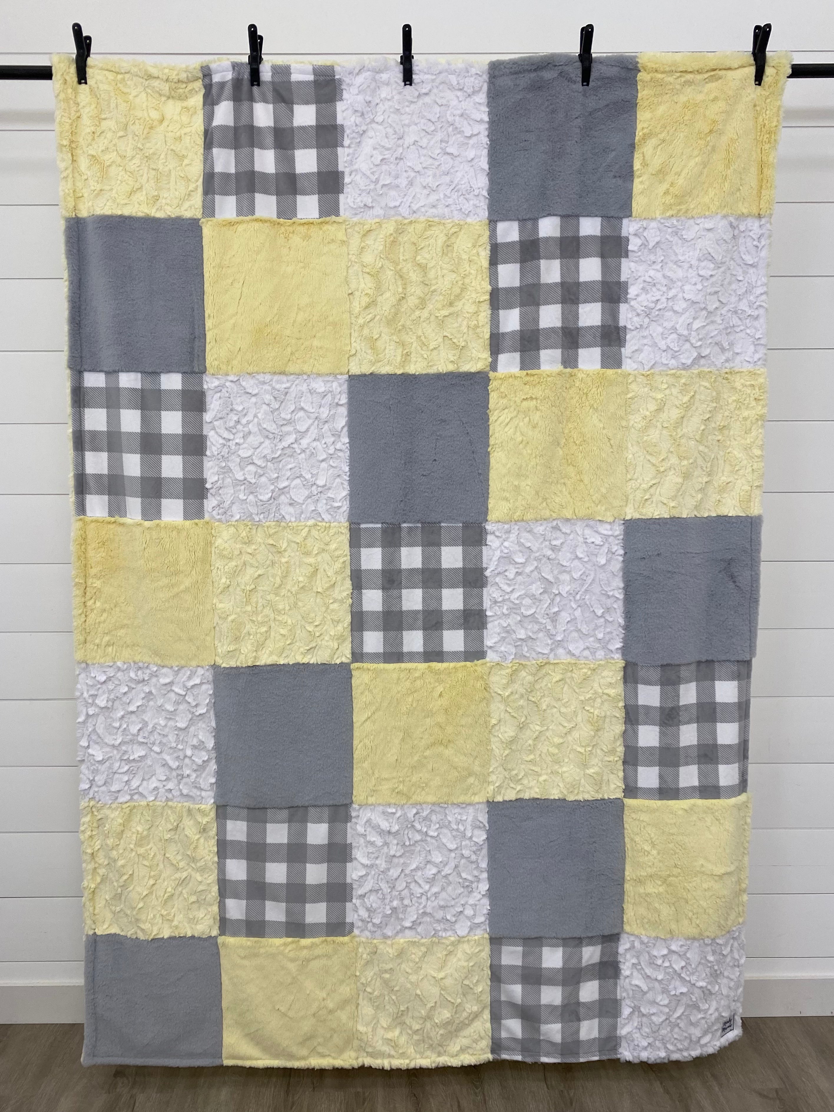 Yellow and Gray Minky Mama With Lemon Bella on the Back