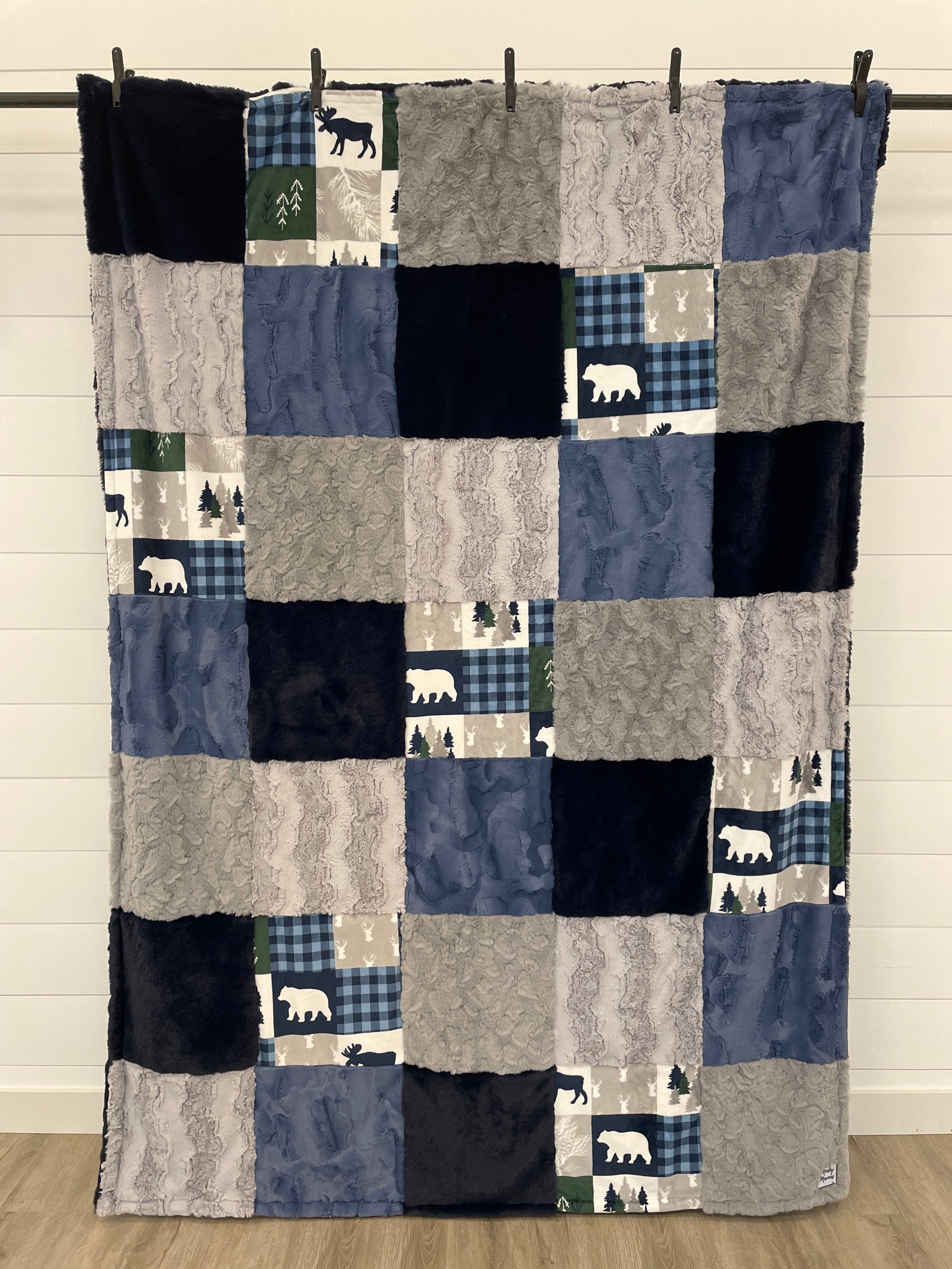 Navy and Grey Minky Mama With Kodi on the Back